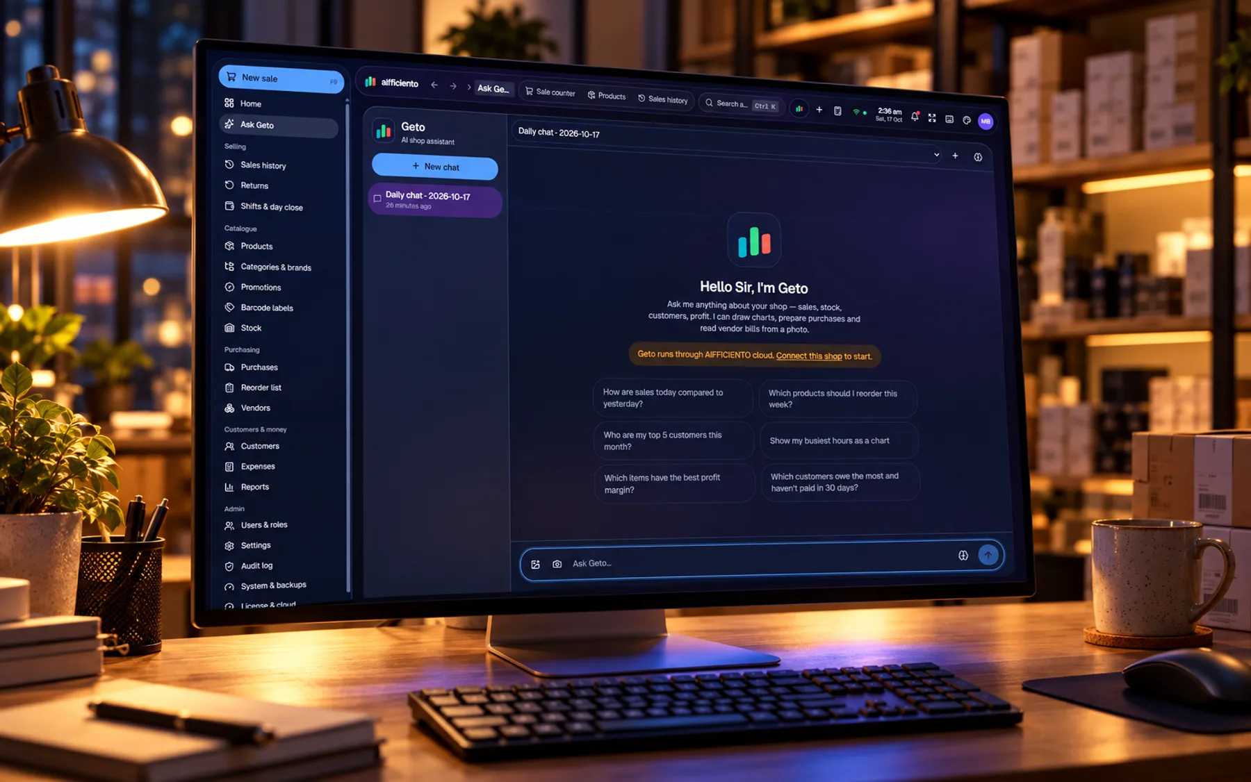 Geto, the AI assistant inside AIFFICIENTO, on a desktop in a shop office