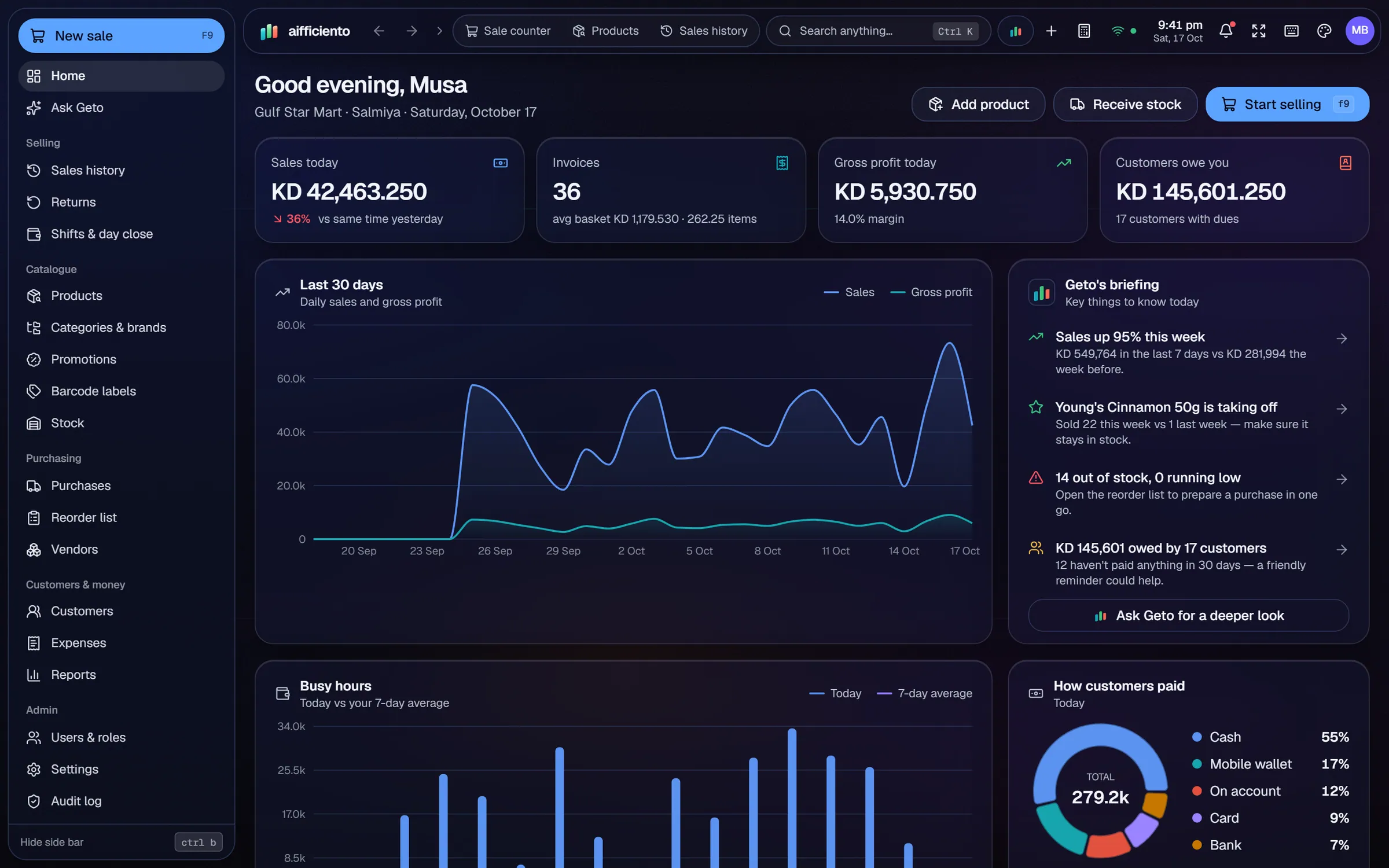 AIFFICIENTO dashboard in KWD for الكويت, dark mode