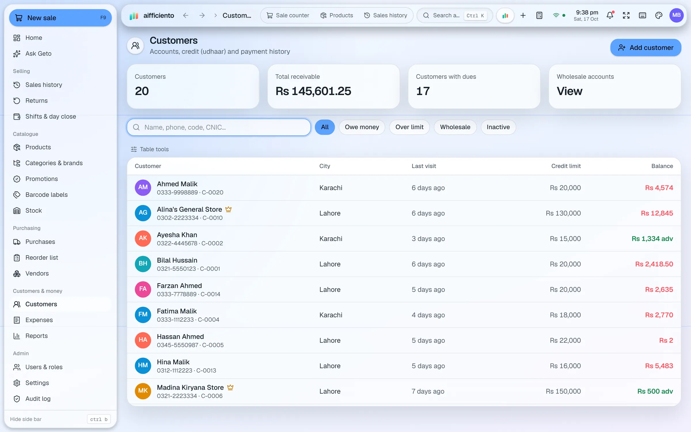 AIFFICIENTO customer accounts with balances due