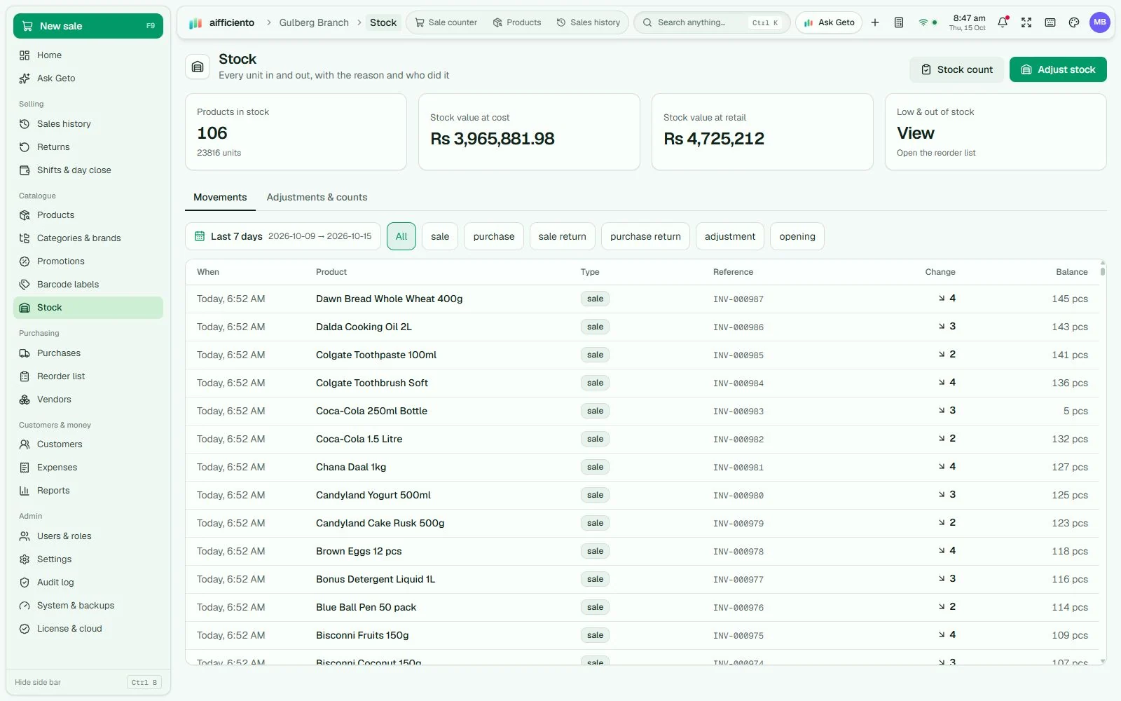 Grocery inventory quantities and reorder levels in a fictional AIFFICIENTO demo shop