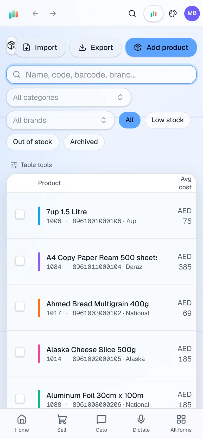 Products and stock on the AIFFICIENTO mobile app