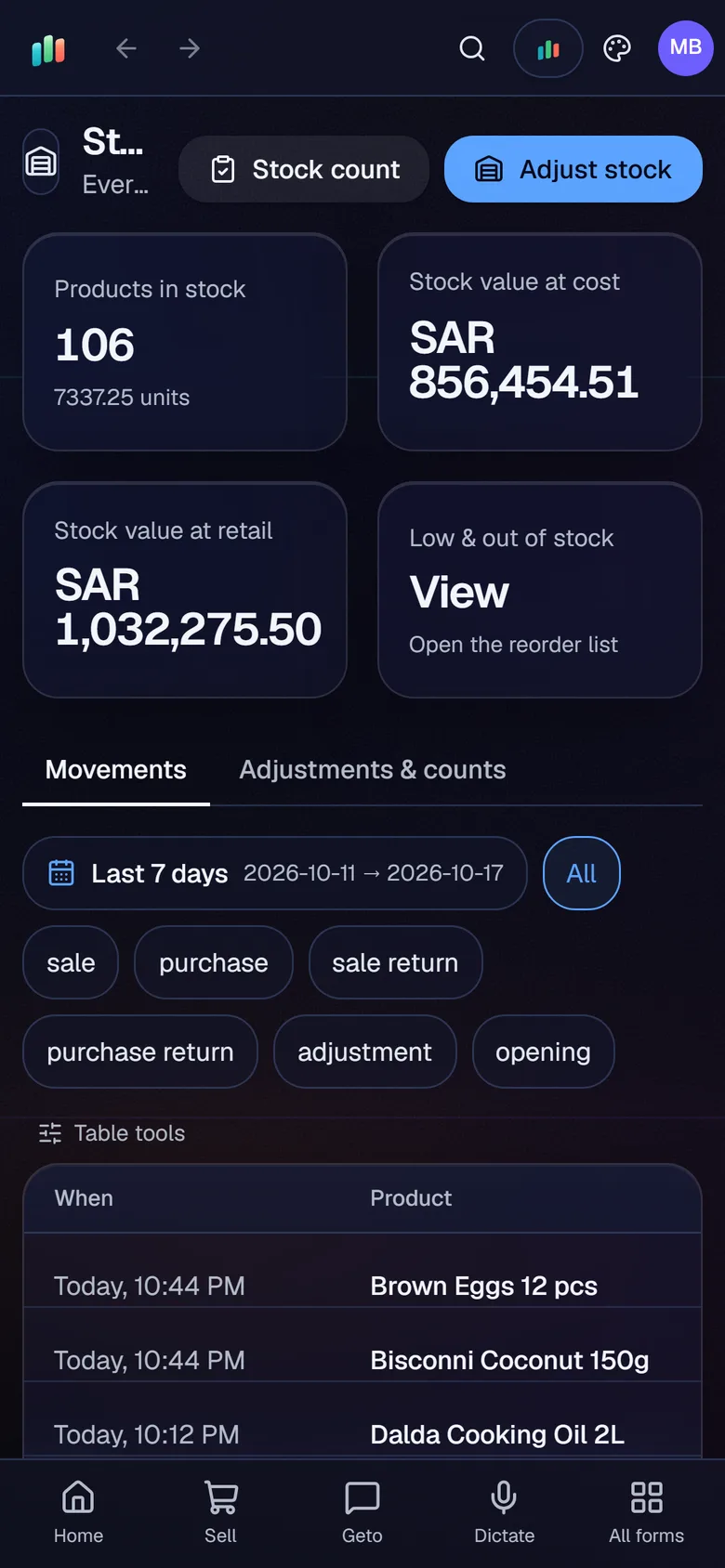 Products and stock on the AIFFICIENTO mobile app